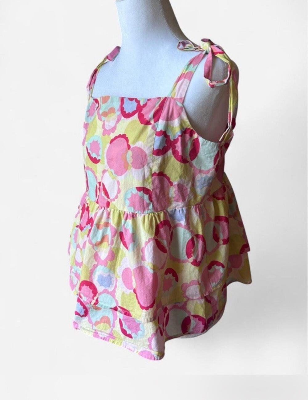 THML Retro Floral Tiered Babydoll Top - Size L Tie Shoulder Cotton Colorful